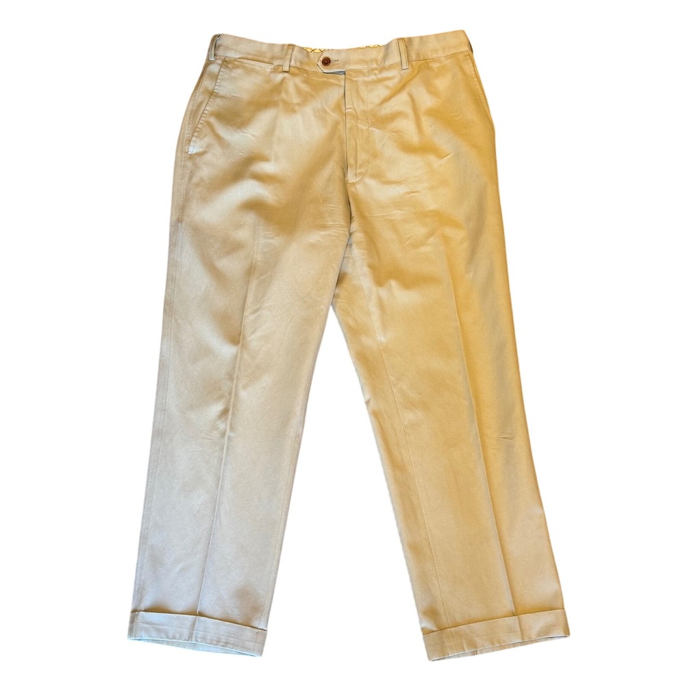 Scott Barber Mens Khaki Tan Silk Cotton Pleated Cuffed Trousers Pants size‎ 35